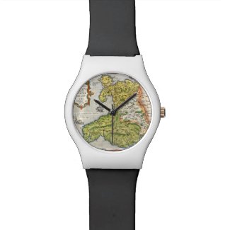 wristwatch with a reproduction of an illustrated color map of Wales and Anglesey published in 1579. The main geography of mountain ranges, rivers, and towns are featured.