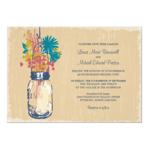 Vintage Mason Jar and Wildflowers Wedding Custom Invites