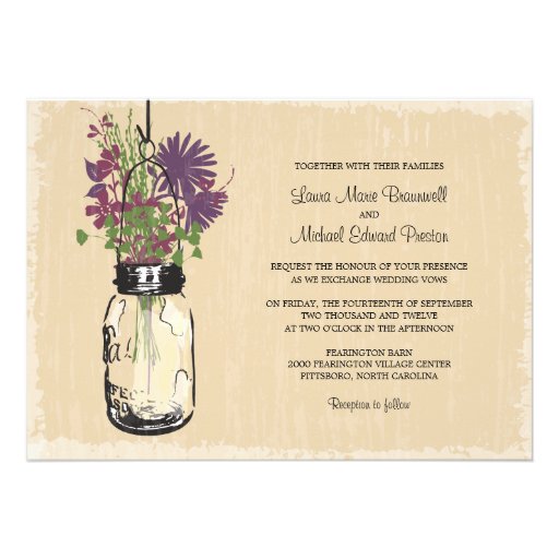 Vintage Mason Jar and Wildflowers Wedding Invite