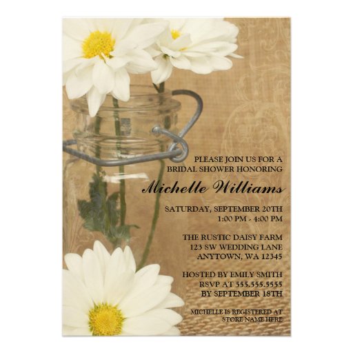 Vintage Mason Jar White Daisies Bridal Shower Personalized Announcements