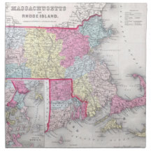 Vintage Massachusetts and Rhode Island Map (1855) Printed Napkin