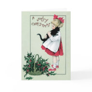 Vintage Merry Christmas Card - girl and cat card
