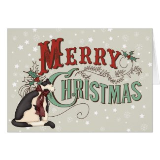 Vintage Merry Christmas Country Cat Holiday Greeting Card