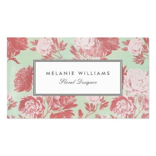 Vintage Mint Coral Peonies Floral Business Cards (front side)