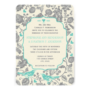 Vintage Mint Gray Floral Pattern Love Bird Wedding Personalized Invitations