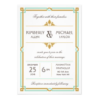 Vintage Modern Art Deco Mint & Gold Wedding Invitations