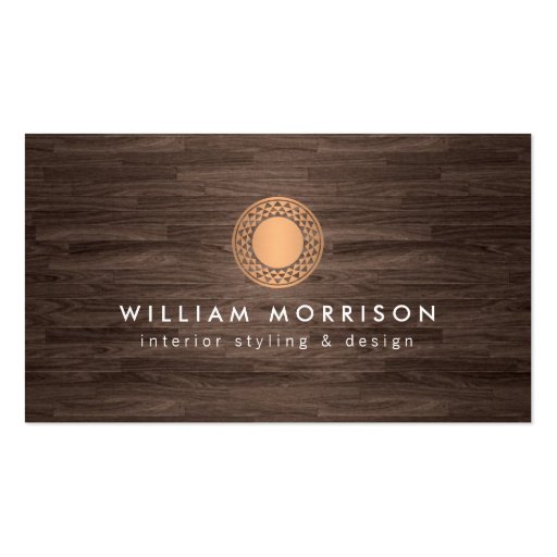 Vintage Modern Copper Sun Logo on Dark Wood Business Card Template