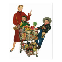 Vintage Mom with her Kids in Cart Grocery Shopping Post Cards