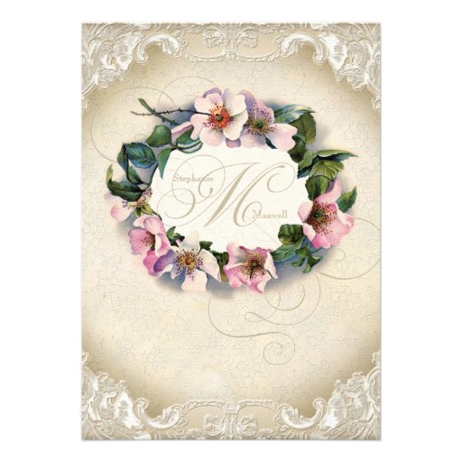 Vintage Monogram Lace Wild Pink Rose Swirl Formal Custom Announcements