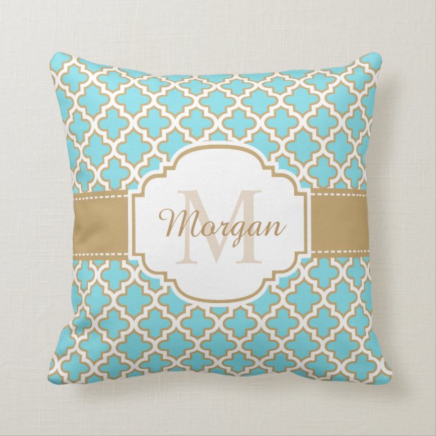 Vintage Moroccan Quatrefoil Gold Cyan Monogram Throw Pillow