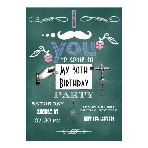Vintage moustache Chalkboard Birthday Party Invite