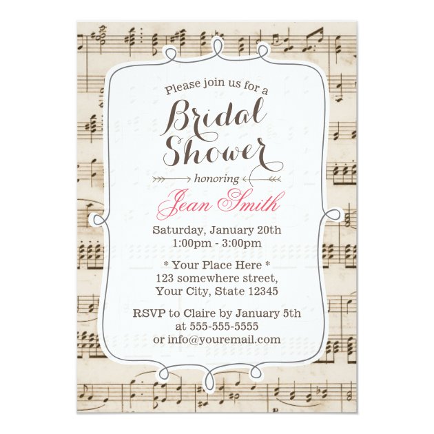 Vintage Music Sheet Bridal Shower Invitations (front side)