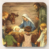 Vintage Nativity Scene, Baby Jesus in the Manger Beverage Coasters