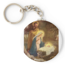 Vintage Nativity Scene; Baby Jesus in the Manger Keychain