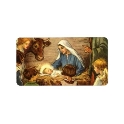 Vintage Nativity Scene, Baby Jesus in the Manger labels