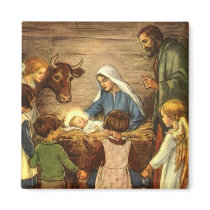 Vintage Nativity Scene, Baby Jesus in the Manger Refrigerator Magnet