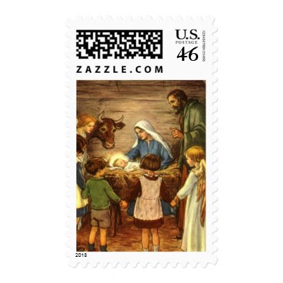 Vintage Nativity Scene, Baby Jesus in the Manger postage