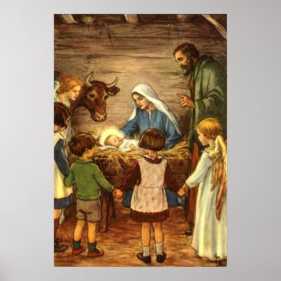 Vintage Nativity Scene, Baby Jesus in the Manger posters