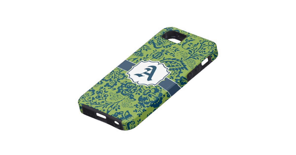 Vintage Navy Apple Green Damask Personalize iPhone iPhone SE/5/5s Case