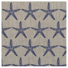 Vintage Navy Blue Starfish Monogram Coastal Linen Fabric