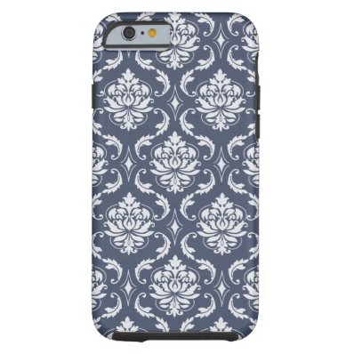 Vintage Navy Blue White Damask Pattern Tough iPhone 6 Case