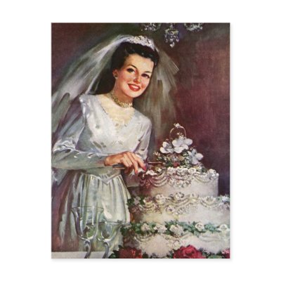 Vintage Newlywed Bride Cutting Her Wedding Cake Post Card