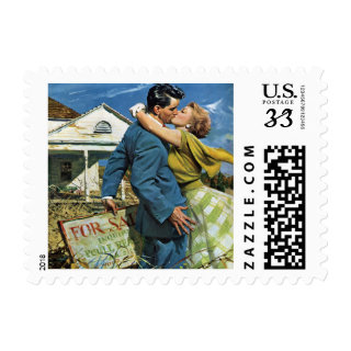 Vintage Newlyweds Buy First House; We're Moving! Postage Stamp