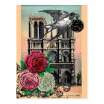 Vintage Notre Dame, Swallow, Roses, Collage Post Card