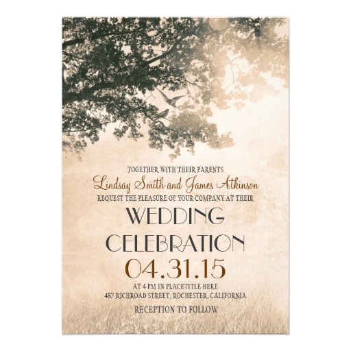 Vintage oak tree & love birds wedding invites (front side)