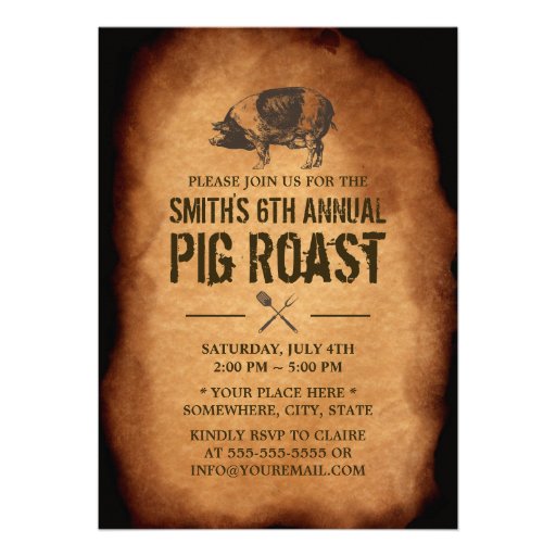 Vintage Old Annual Pig Roast BBQ Party Invitations (front side)