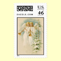 Vintage old fashioned cherubic angels with tree stamps