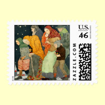 Vintage old fashioned family walking to Church stamps