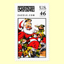 Vintage old fashioned Santa Claus with elves stamps