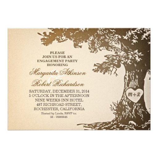 vintage old oak tree engagement party invitations (front side)