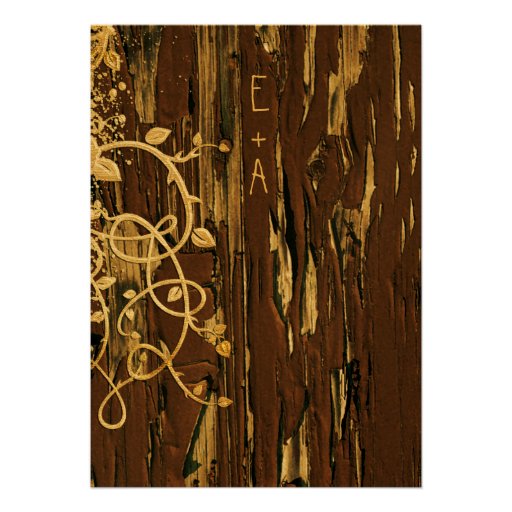 Vintage Old Wood Gold Vine Swirl Wedding Invite
