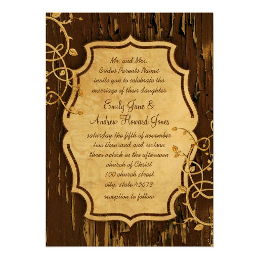 Vintage Old Wood Gold Vine Swirl Wedding Invite