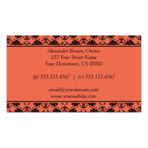 Vintage Orange and Black Damask Business Card (back side)
