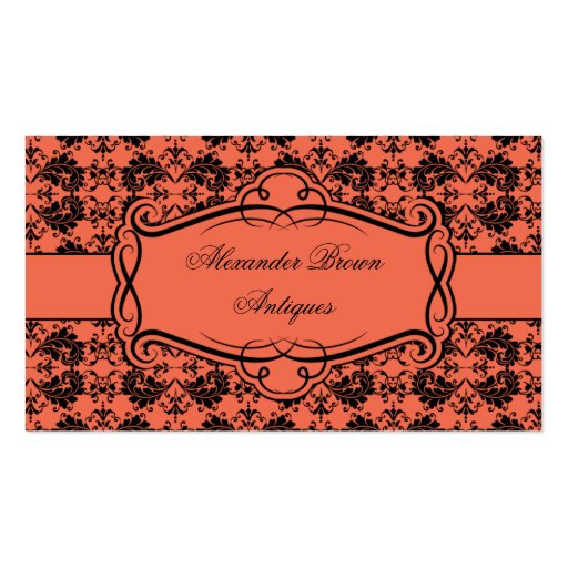 Vintage Orange and Black Damask Business Card (front side)