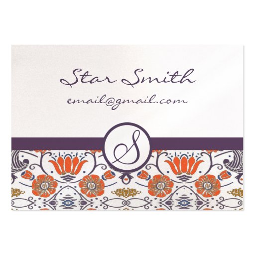 Vintage Orange and Purple Swirly Floral Pattern Business Card Templates (back side)