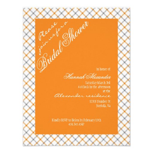 Vintage Orange Tartan Plaid Filigree Bridal Shower Personalized Invitation