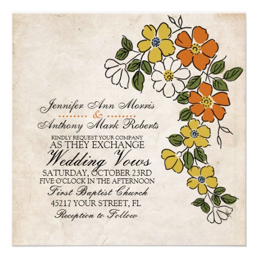 Vintage Orange Yellow Floral Wedding Invitation
