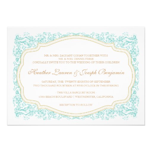 Vintage Ornate Blue & Gold Wedding Invitation