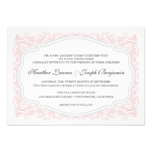 Vintage Ornate Pink & Gray Wedding Invitation