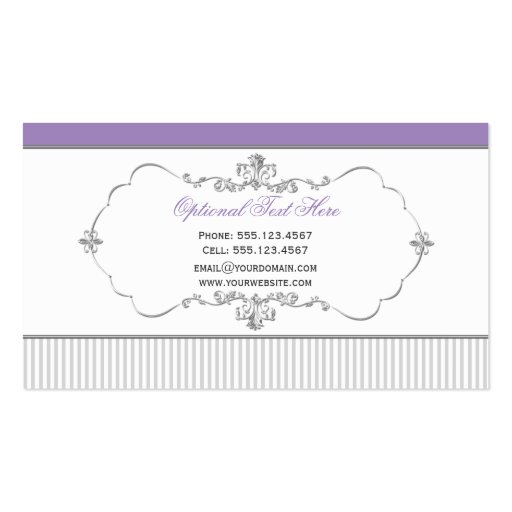 Vintage Ornate Silver Swirls Purple Gray Stripes Business Card Templates (back side)