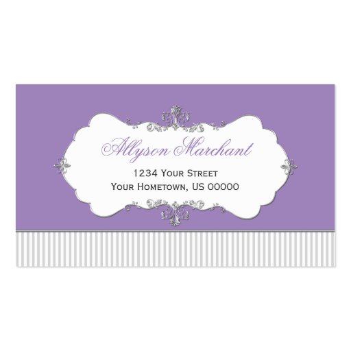 Vintage Ornate Silver Swirls Purple Gray Stripes Business Card Templates (front side)