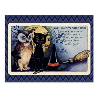 Vintage Owl and Cat Halloween Greeting Postcard