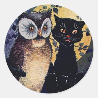 Vintage Owl and Cat Halloween Greeting Classic Round Sticker