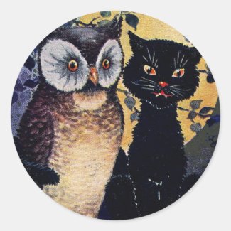 Vintage Owl and Cat Halloween Greeting Classic Round Sticker