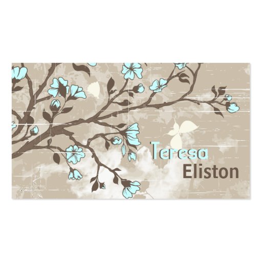 Vintage pale blue flowers floral grunge taupe business card template (front side)