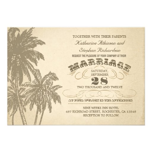 vintage palm tree typographic wedding invitation